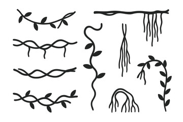 Set of jungle vines and hanging roots elements for nature and botanical design projects