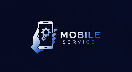 Mobile Service Vector Logo Illustration with Hand Holding Smartphone and Gears