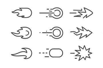 Outline icons set of speed, fast movement, fire, motion, and impact effects