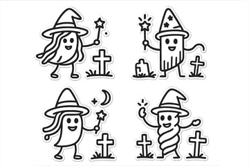 Fototapeta premium Cute Halloween ghosts wearing witch hats and holding magic wands near gravestones