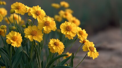 Obraz premium Vibrant Yellow Flowers Blooming in a Natural Setting with Soft Focus Background Providing a Cheerful and Bright Atmosphere for Nature Lovers and Garden Enthusiasts