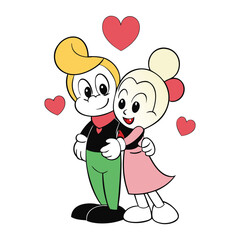 Cartoon lovers share a sweet moment, smiling with hearts floating around them. Their cute expressions, warm hugs, and playful charm capture the magic of being in love.
