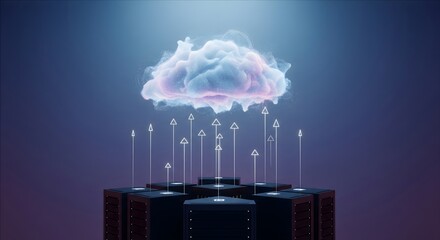 Conceptual 3D visualization of server racks uploading data via digital arrows to a glowing, nebulous cloud network, representing cloud computing and storage.