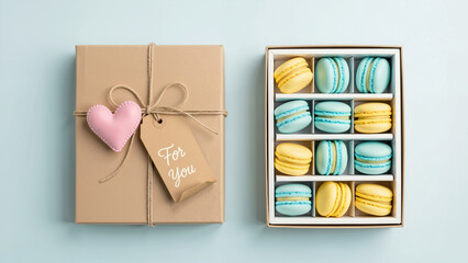 Gift box with macarons and heart tag on blue background  