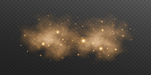 Magical golden particles with fog effect on transparent dark background. Atmosphere element for overlaying on images, fantasy scenes or weather visual effect. Vector illustration.
