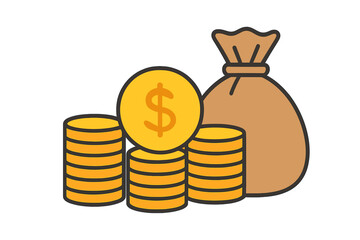 Stacks of golden coins and large money bag symbolizing wealth savings and financial success