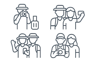 Minimalist line art symbols of traveling couples taking pictures and enjoying a romantic vacation trip