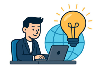 Professional working on laptop with bright idea lightbulb and world globe background