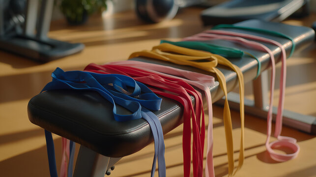 A gym bench draped with resistance bands, foam rollers, and mobility tools during a recovery session — injury prevention, stretching practice, and supportive training accessories. cinematic color - Powered by Adobe