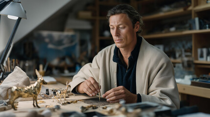 A jewelry maker sculpting miniature animal figurines from precious metals, polishing each micro-engraved detail until it gleams like a museum collectible — artisan metalwork and luxury