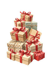 Obraz premium a large, unstable stack of meticulously wrapped holiday gifts, featuring craft paper and metallic textures with intricate red silk bows, isolated on a transparent background. concept of generous