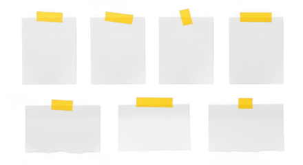 Seven white paper notes with yellow tape isolated on transparent background