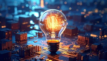 Illuminated lightbulb with glowing circuit pattern, atop a detailed electronic circuit board with blurred background