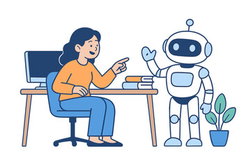 Businesswoman interacting with friendly artificial intelligence robot assistant