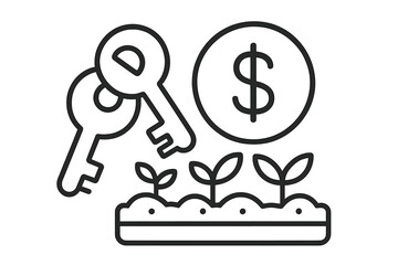 House keys, dollar coin, and growing plants representing financial security and investment