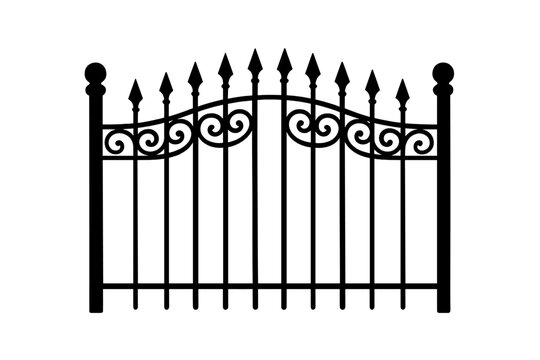 Elegant black silhouette of a decorative wrought iron fence section with ornate scrolls and sharp finials