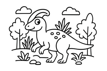 Adorable cartoon dinosaur character standing in prehistoric jungle landscape black and white line art