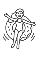Smiling woman enjoying summer vacation while floating on a sweet donut pool ring