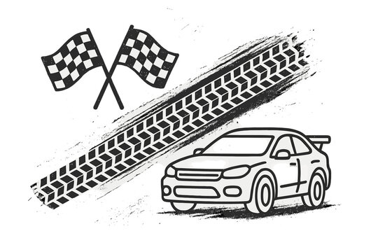 Dynamic racing elements set with a sporty car outline tire tread mark and crossed checkered flags