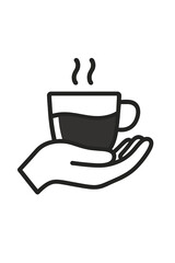 Minimalist black and white design showing a hand holding a steaming hot coffee or tea beverage mug