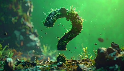 Moss-covered question mark amidst rocky terrain, bathed in bright green light. Symbol of inquiry and natural mystery