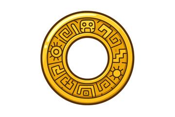 Golden ancient tribal coin or medallion with Mesoamerican symbols