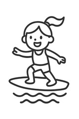 Smiling child standing on a surfboard riding waves during summer vacation activity