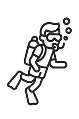 Scuba diver wearing mask and fins swimming underwater with oxygen tank and exhaling bubbles