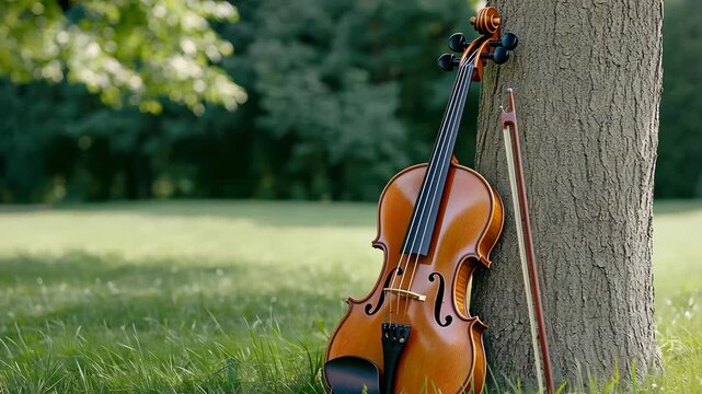 A violin stands upright against a tree in a grassy area with sunlight shining down on it during a warm afternoon