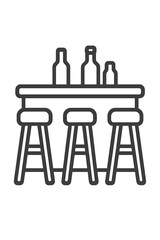 Contemporary bar counter interior featuring three high stools and assorted beverage bottles