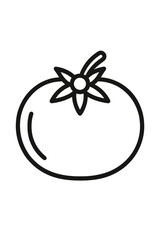 A single fresh ripe tomato fruit featuring a prominent green stem and calyx structure