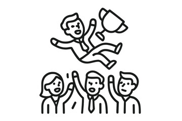 Business team celebrating major victory by tossing colleague holding a trophy