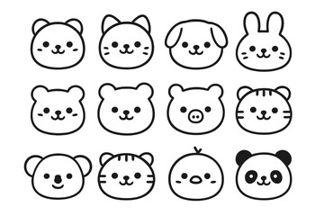 Collection of cute simple animal faces including panda, cat, dog, rabbit, pig, and koala heads