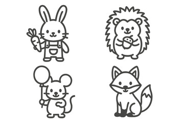Cute cartoon animal characters set featuring rabbit, hedgehog, mouse, and fox