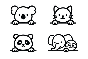 Cute minimalist line animals peeking over border: koala, cat, panda, elephant, sloth