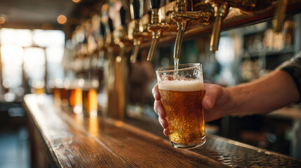 Hands skillfully pour a fresh pint of beer from the tap into a frosted glass, showcasing the inviting atmosphere of a cozy bar during a bustling evening
