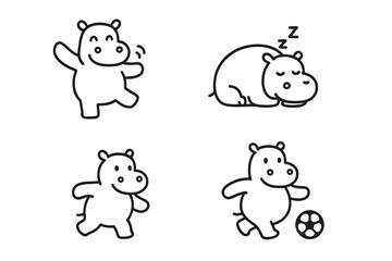 Obraz premium Cute cartoon hippopotamus character set showing different poses and activities