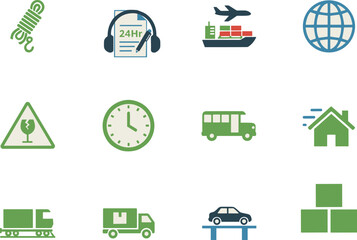 Logistics and Delivery Icons Set Featuring Transport, Freight, Support, Scheduling, and Global Shipping for Business and UI Design