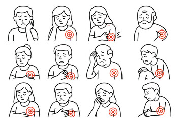 Diverse individuals suffering from various types of pain and illness symptoms