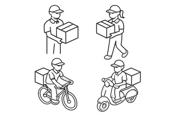Isometric set of delivery people carrying packages and riding a bicycle or scooter