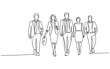 Diverse group of five professionals walking forward in a single line art drawing, business attire, corporate team concept.