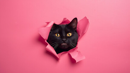 Funny black cat looks through ripped hole in pink paper backgroud. Peekaboo. Naughty pets and mischievous domestic animals. Copy space. Yellow eyes.