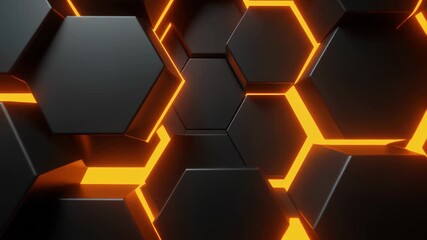 Glowing orange light shines through dark hexagon pattern creating futuristic abstract background - Powered by Adobe