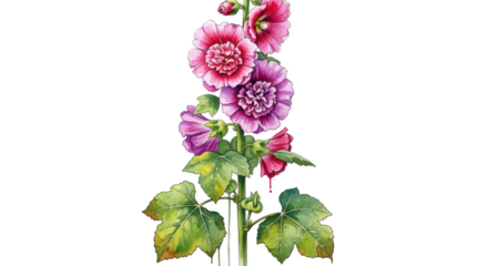 Pink and purple hollyhock flowers on a green stem with leaves image