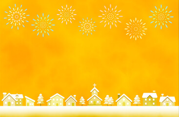冬の街並みと花火のクリスマス背景イラスト