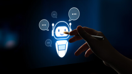 AI chatbot virtual assistant interacting with users through AI conversation bubbles, symbolizing AI...