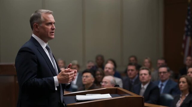 Addressing jury to persuade, lawyer in dark suit gesturing at court lectern with papers, copy space