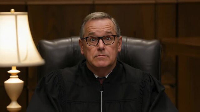 Blinking judge in black robe and specs focusing and listening to offscreen testimony at bench
