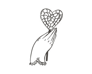 Whimsical Doodle Hand holding heart shaped lollipop. Valentine's Day, love, sweets.