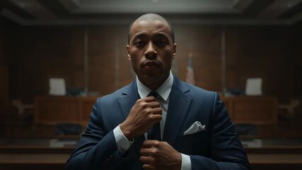 Adjusting man in navy suit tightening tie before addressing court, with pocket square